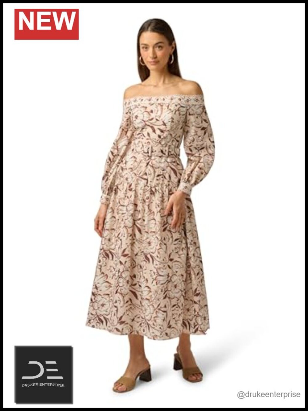 Cotton Off Shoulder Midi Dress Bishop Sleeves Lace Trim A-Line Summer Wedding